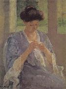 Mary Cassatt lady is sewing in front of the window oil